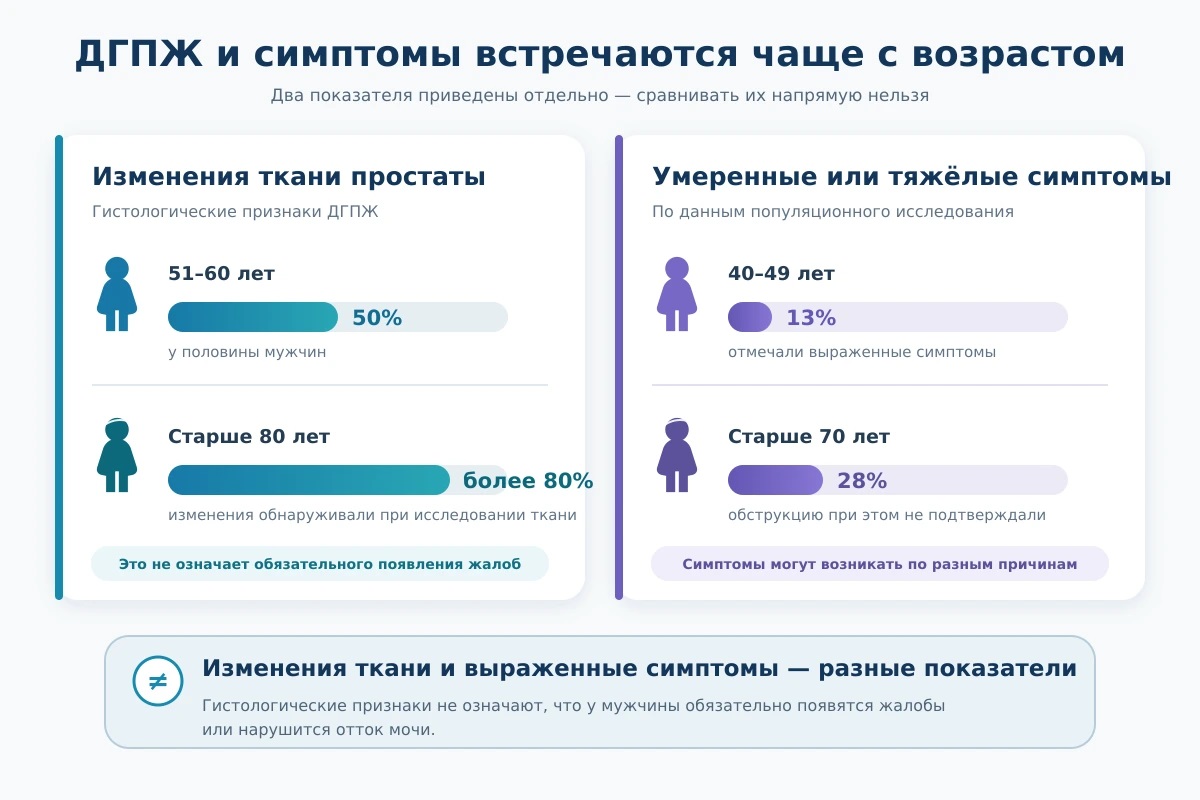 Две диаграммы с частотой гистологических изменений простаты и выраженных симптомов в разных возрастных группах.