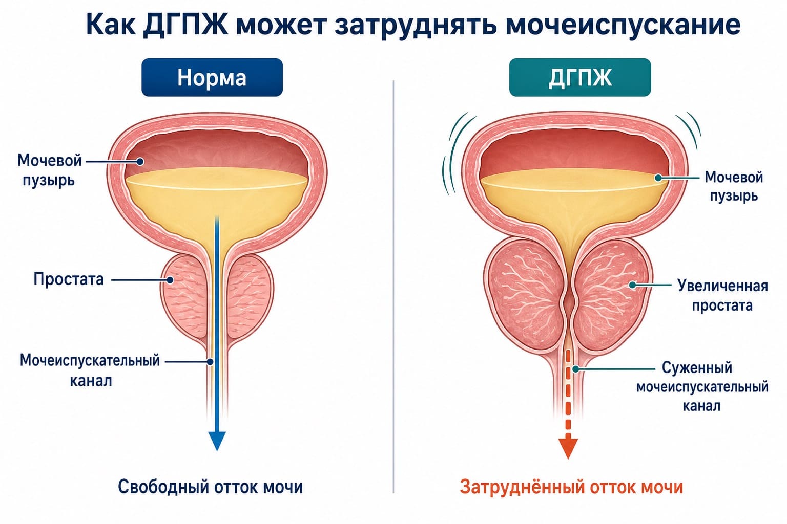 Сравнение нормального оттока мочи и сужения мочеиспускательного канала при ДГПЖ